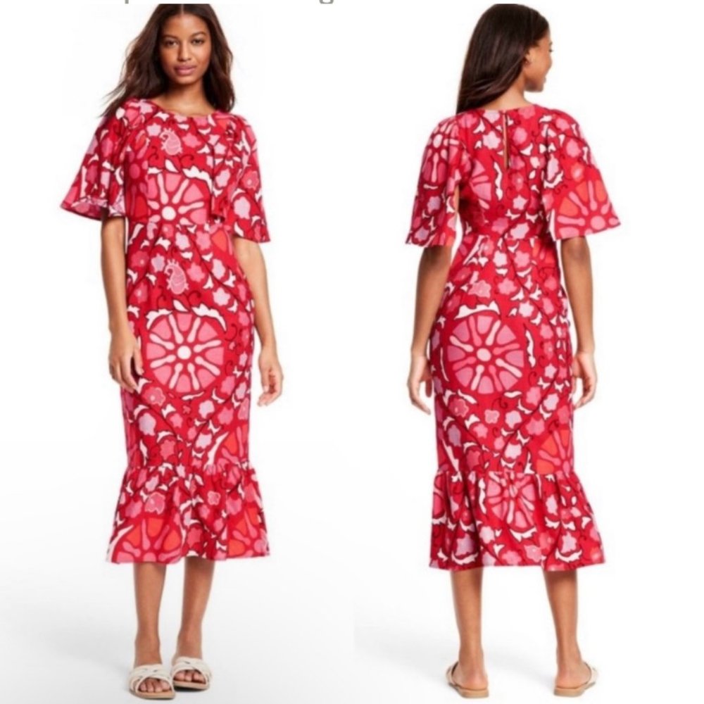 RHODE Red and White Floral Midi Dress